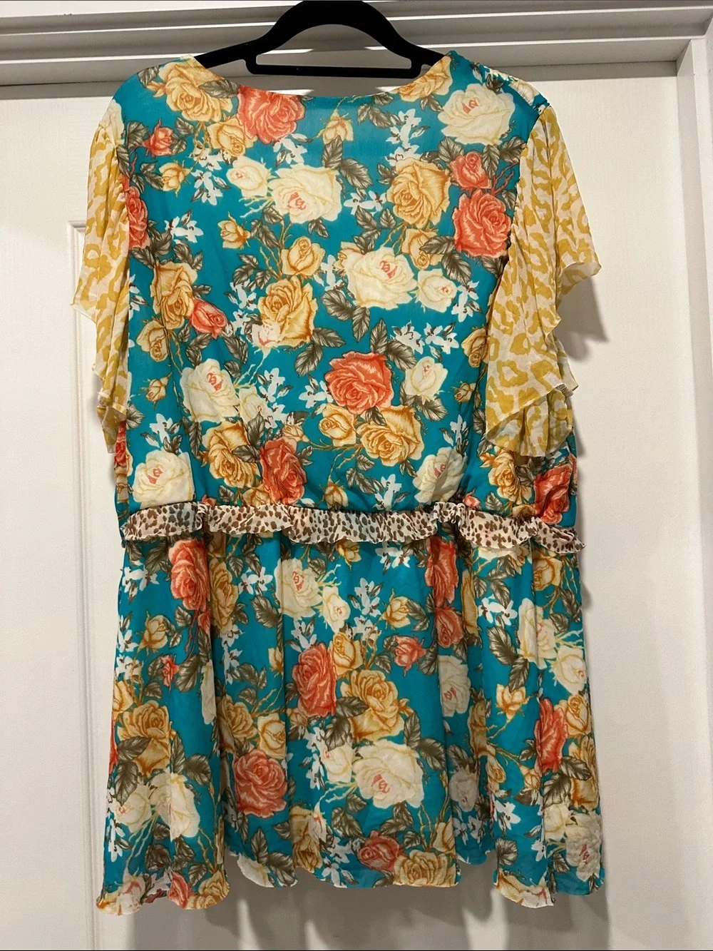 Teal Floral V-Neck Peasant Top with Yellow Accent Sleeves - Picture 2 of 3